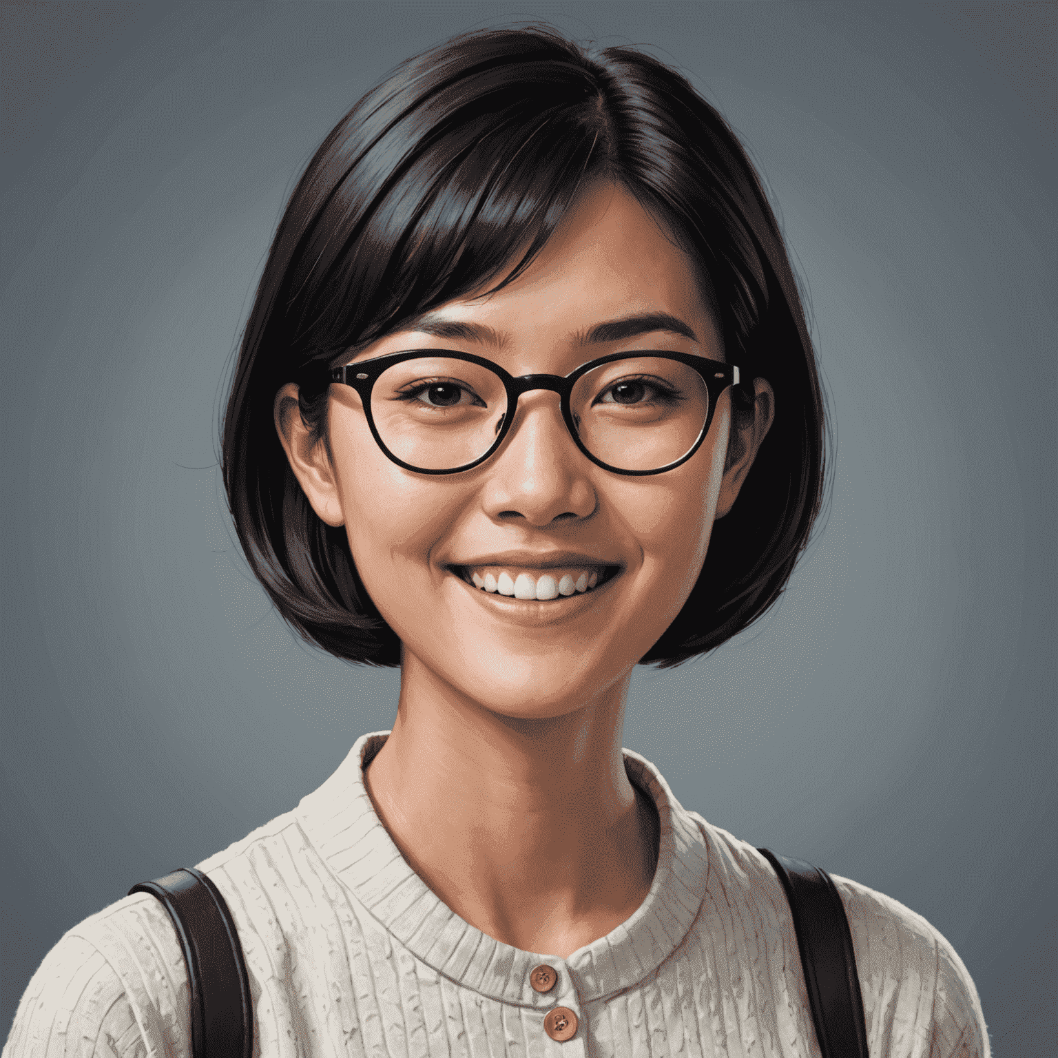 Portrait of Sarah Chen, a young Asian woman with short black hair and glasses, smiling confidently