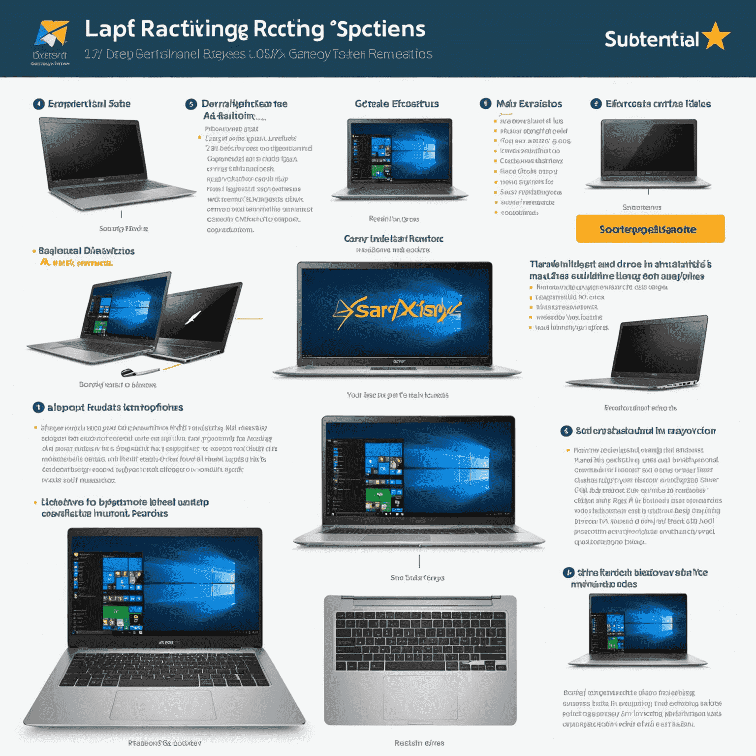 Infographic showing different laptop rating systems side by side, including star ratings, percentage scores, and multi-criteria evaluations for various laptop features like performance, battery life, and build quality. The image compares how these systems would rate popular work laptops, study laptops, and budget laptops.