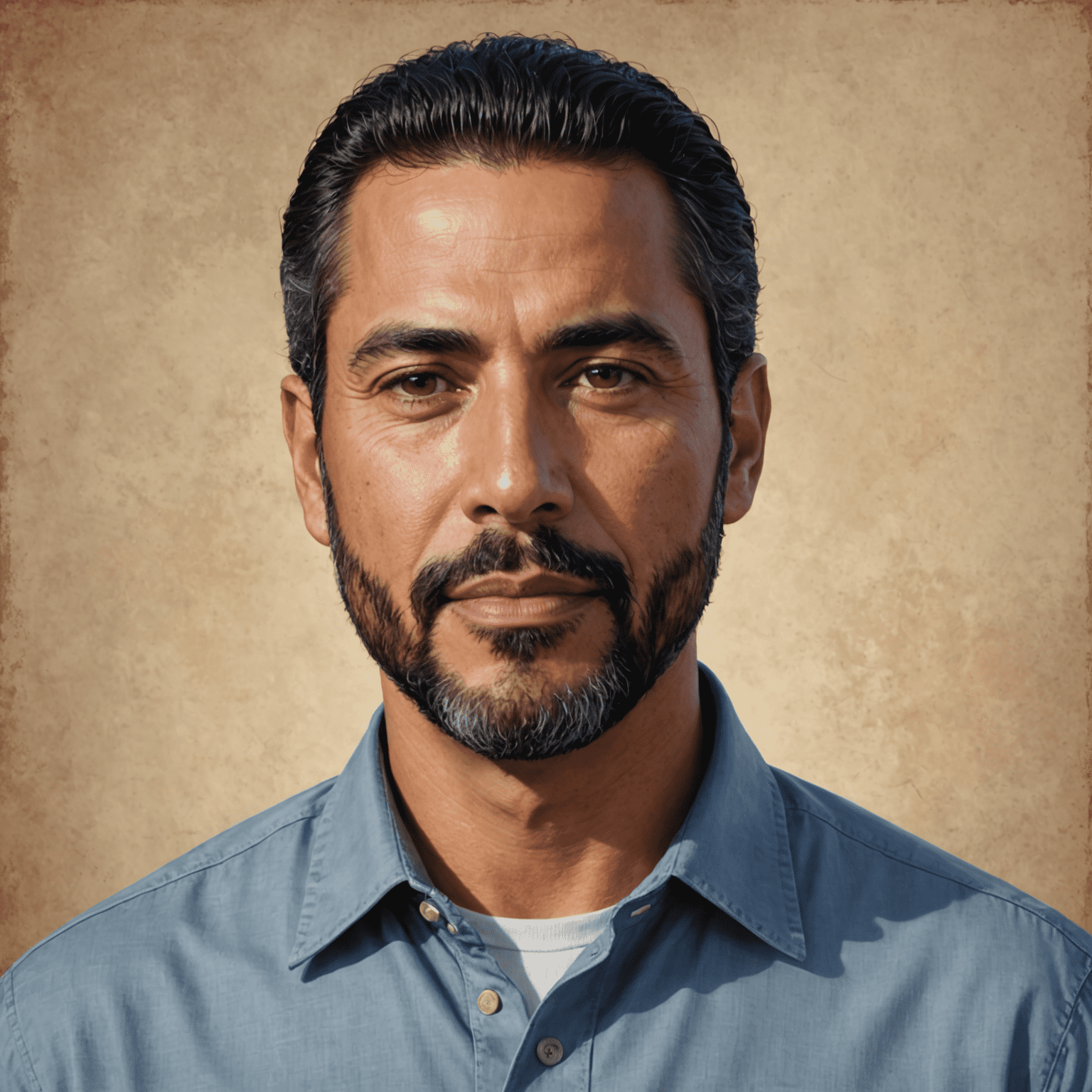 Portrait of Michael Rodriguez, a middle-aged Latino man with a neatly trimmed beard, wearing a casual button-up shirt