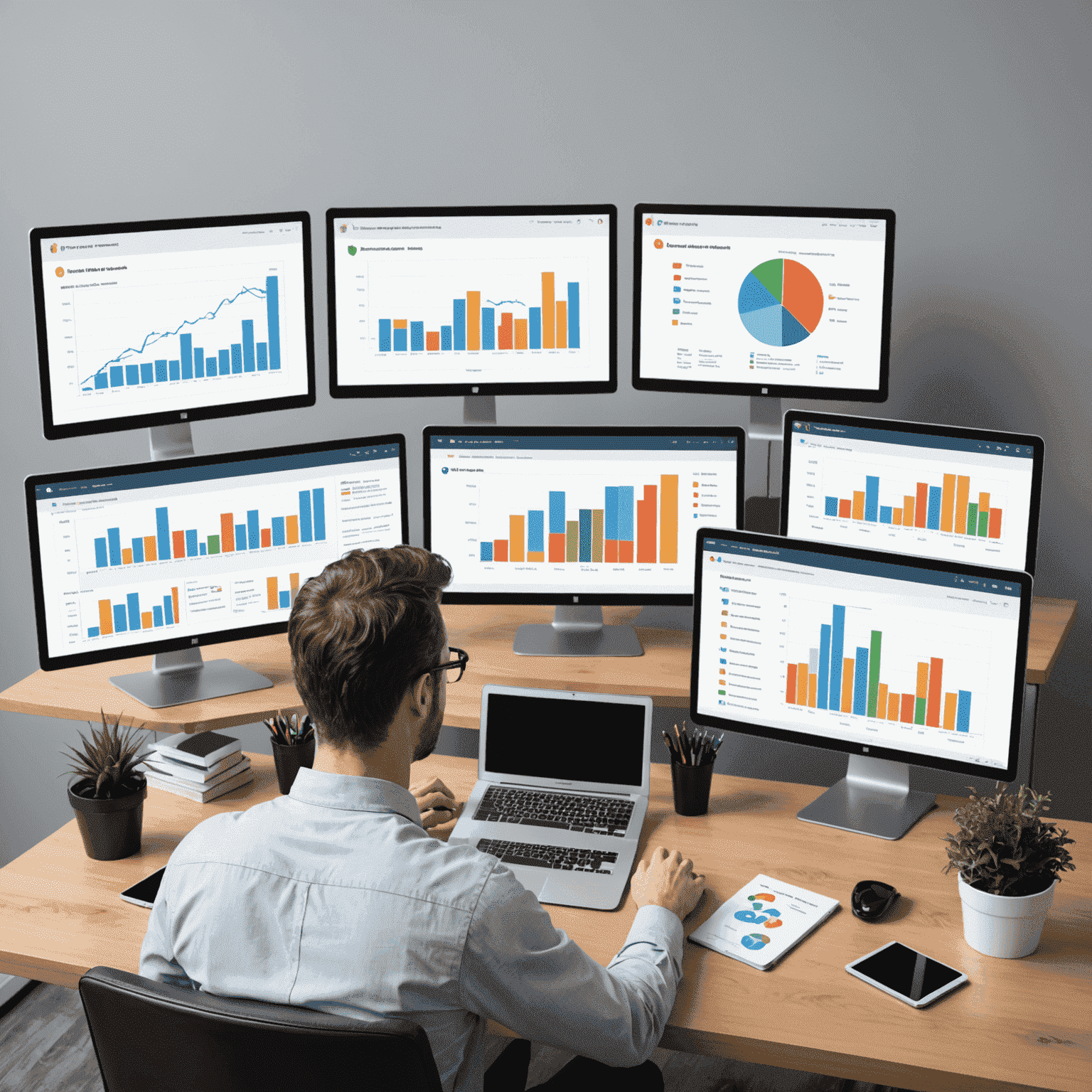 Illustration of a person analyzing laptop reviews on multiple screens, with charts and rating stars visible