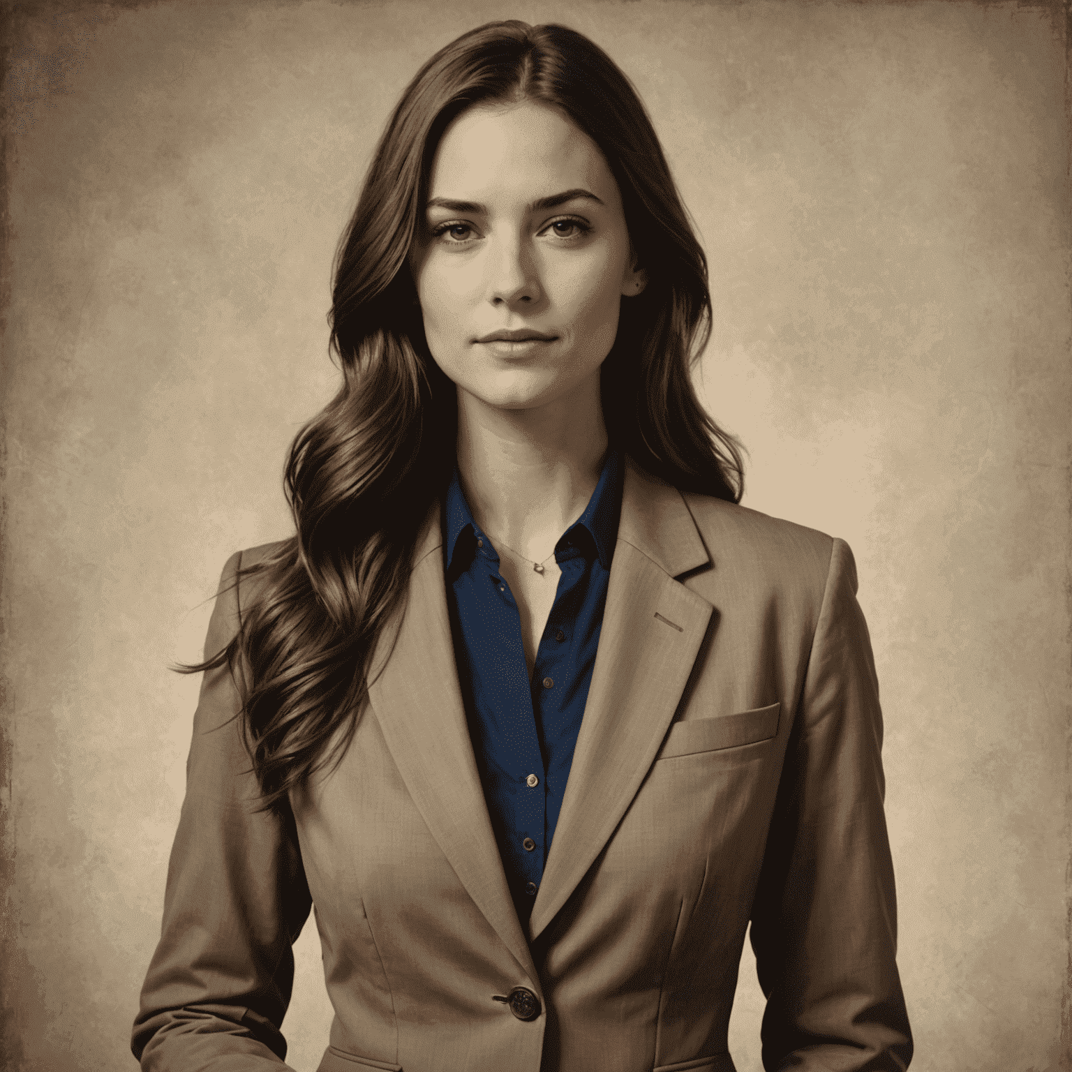 Portrait of Emily Thompson, a young Caucasian woman with long brown hair, wearing a professional blazer