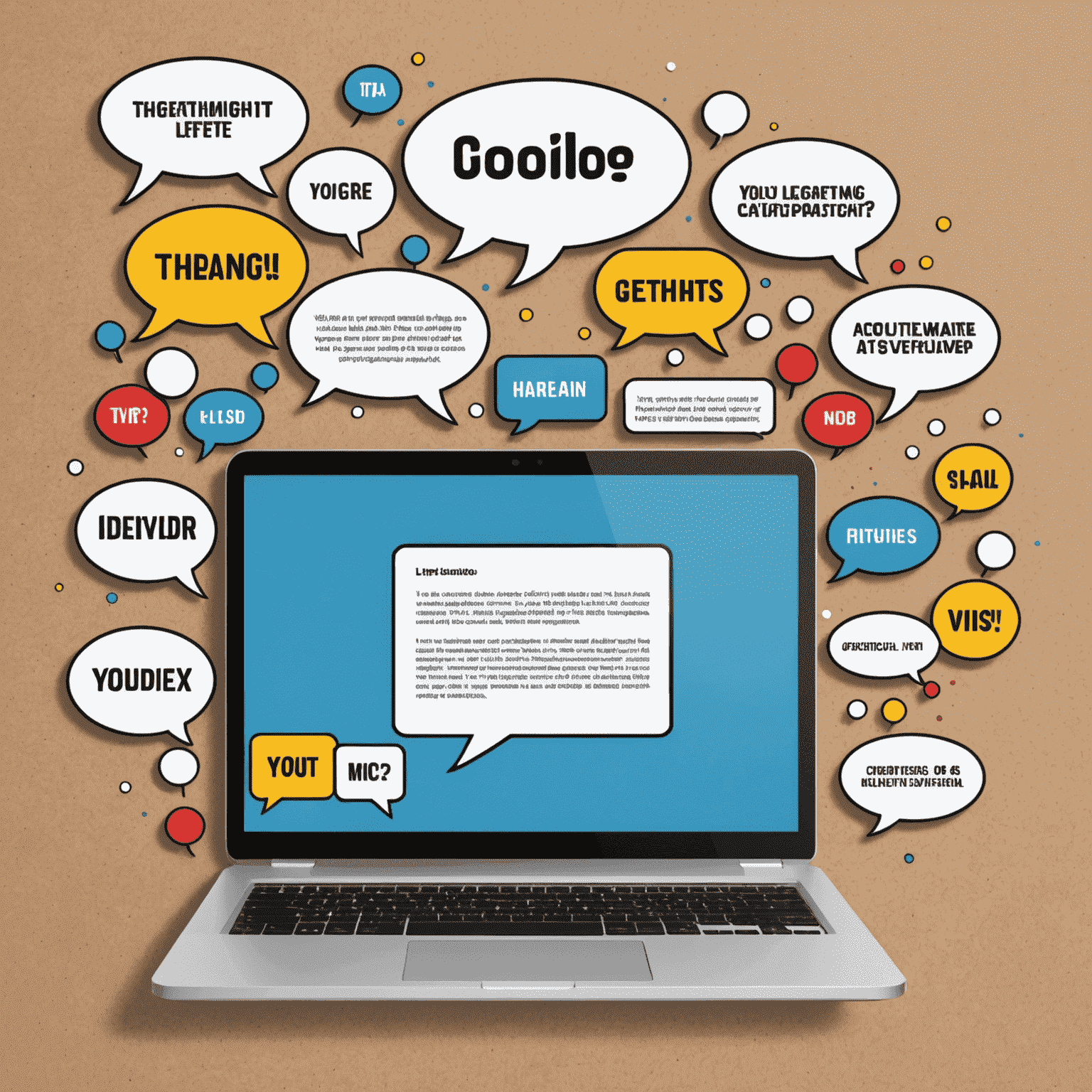 A high-quality laptop surrounded by speech bubbles containing negative comments and low star ratings