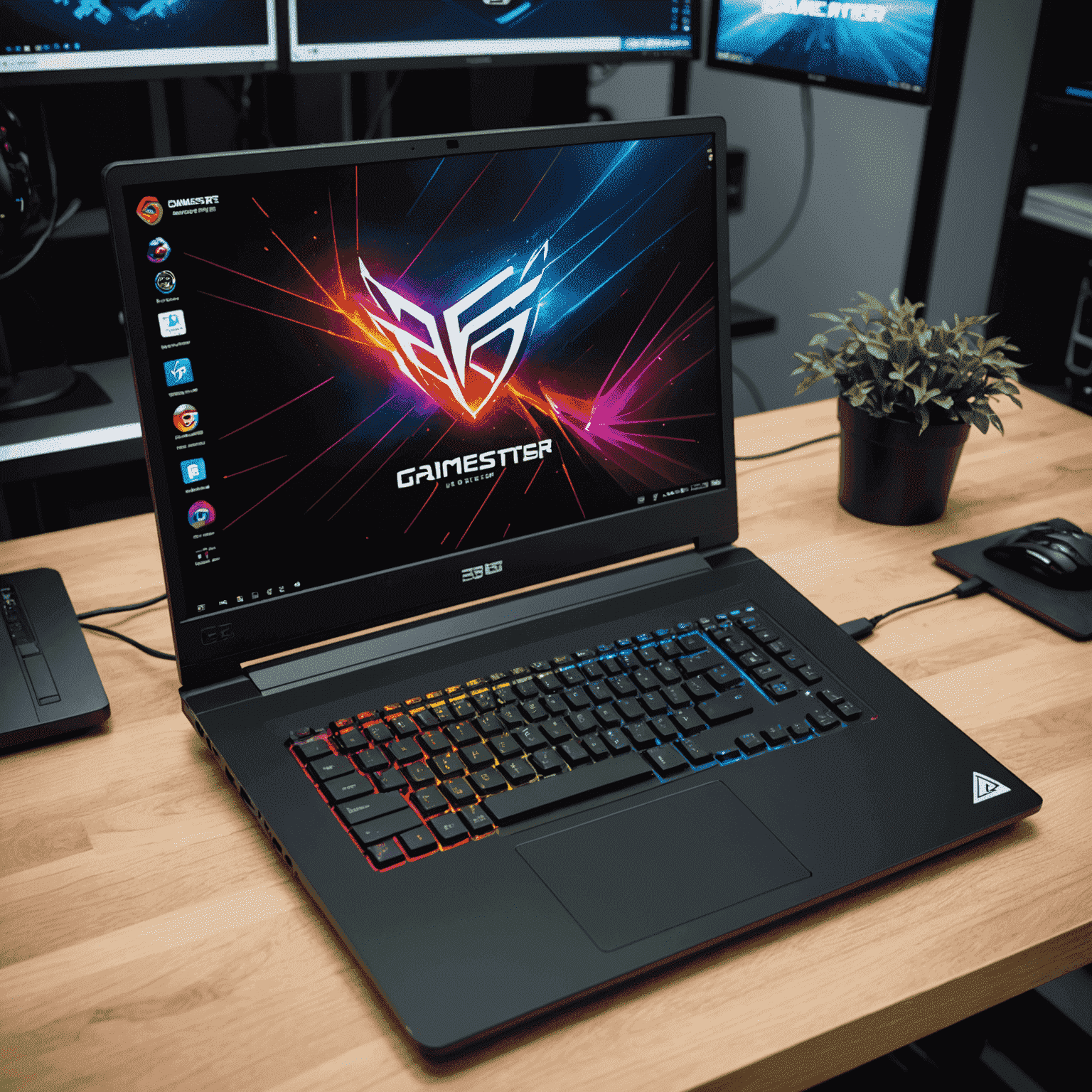 GameMaster X laptop with a sleek gaming design, RGB keyboard, and high-refresh rate display